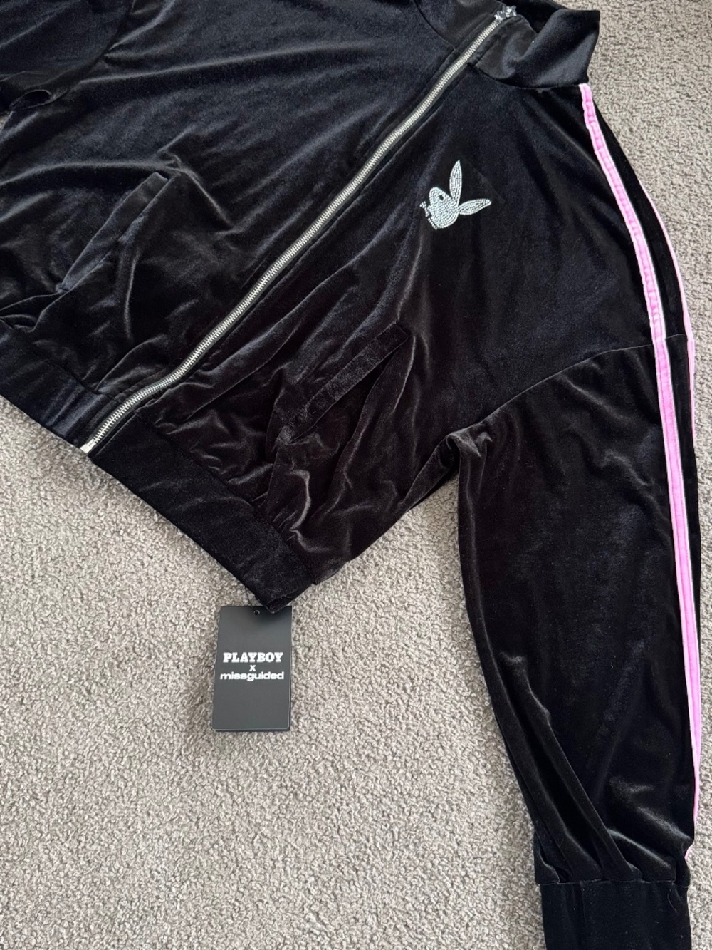 Playboy Missguided Velvet Zip Up Jacket Pink Stripe